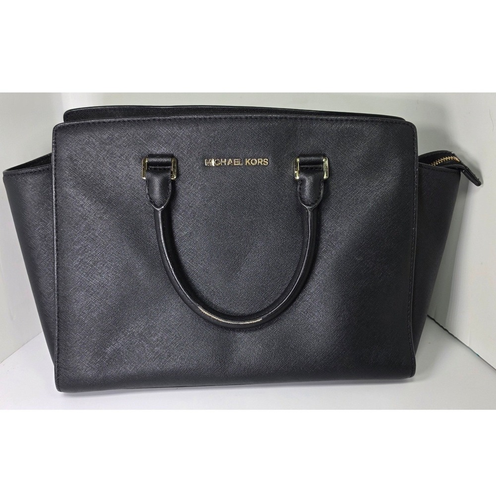 Michael Kors Selma Satchel Black Saffiano Leather Gold Hardware Large Bag